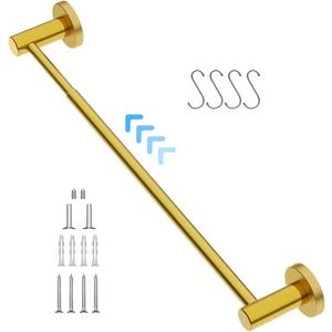 Adjustable 16 to 27.6 Inch Single Towel Bar, iMomwee Gold Brush Finished SUS304 Stainless Steel Bath Towel Holder, Wall Mount Towel Rail for Bathroom Kitchen Washroom, 1" Diameter Towel Rod with Hooks