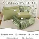 Luxudecor Floral Comforter Set Queen Size, 7 Pieces Bed in a Bag Olive Green Floral Comforter and Sheet Set, Soft Microfiber Green Complete Bedding Sets for All Seasons
