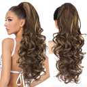 ALXNAN Ponytail Extension, 24 Inch Claw Clip in Long Curly Wavy Chocolate Brown with Highlights Ponytail Hair Extension Jaw Clip on Pony Tails Hairpiece for Women