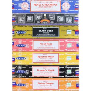 Satya Incense Sticks Gift Set, 7 Scents, Nag Champa, Super Hit, Dragon's Blood, Sandalwood, Patchouli, Lavender, Positive Vibes, 15g Each (Healing Mix)
