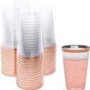 Prestee 50 Pack Disposable Plastic Cups 14 oz Rose Gold Rimmed Plastic Wine Glasses - Heavy Duty, Pink Rim Cup - Disposable Party Cups and Fancy Wedding Tumbler - Elegant Decoration Cup for Party