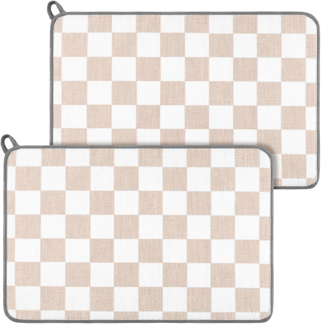 Zonon Dish Drying Mat for Kitchen Counter 16 x 24 Microfiber Absorbent Dish Drainer Rack Pads Fast Dry Mat Vintage Kitchen Decorations(Beige,16" X 24",Checkered)