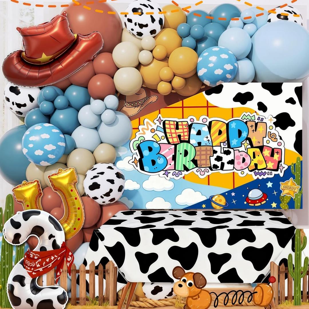 Cowboy Birthday Decorations for Boy, 146PCS Western Farm Party Supplies with Balloon Garland, Cow Print Tablecloth, Backdrop, Hat & Foil Number Balloon, Complete Farm Theme 2nd Birthday Decor Set