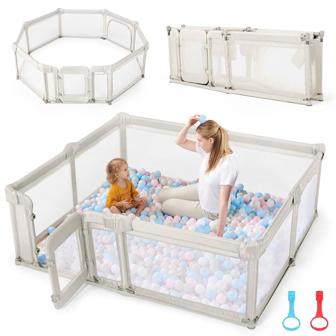 Sweeby Foldable Baby Playpen, Baby Gate Playpens for Babies and Toddlers 71x59 Extra Large Play Yard with Door Fence with Mat and Indoor Play Pen, Beige