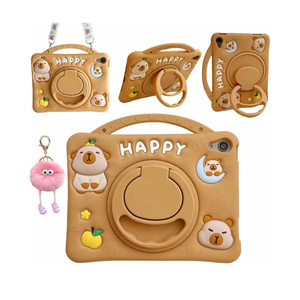 3D Cute Press Capybara Case for iPad 10th Generation (2022) 10.9 inch/iPad (A16) 11th 2025 11”,Kawaii Cartoon Character Capybara Soft Silicone Rotating Stand Case with Lanyard for Kids Girls Women