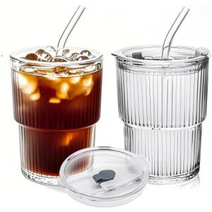 Lioong 2pcs Glass Coffee Cups with Lids,13Oz Ice Coffee Cup With Lids Matcha Glass Tumbler With Straws,Glasses Go to Cups Traveling Mugs For Cold Drinks Smoothie Juice Drinking (400ml)