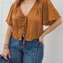 SHENHE Women's Plus Size Tie Front Tops Flounce Sleeve Deep V Neck Crop Casual Blouse Top (Brown, XXL)