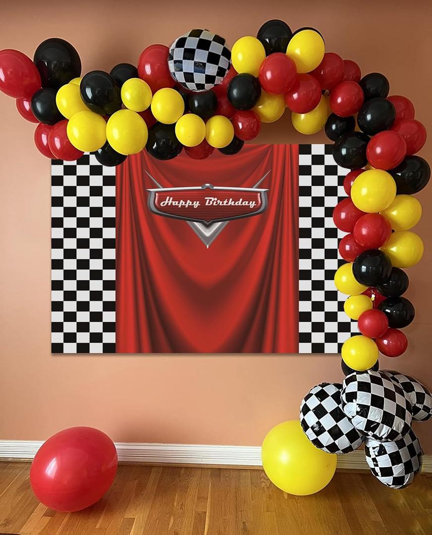 Race Car Birthday Party Supplies 128pcs Balloons Arch Garland Kit 5x3ft Racing Car Theme Happy Birthday Backdrop Decorations for Kids Boys Anniversary Cake Table Decorations