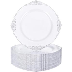 Nervure 100PCS White and Silver Plastic Plates - 10.25Inch Silver Disposable Plates - Heavyweight Dinner Plates for Wedding & Party & Holiday