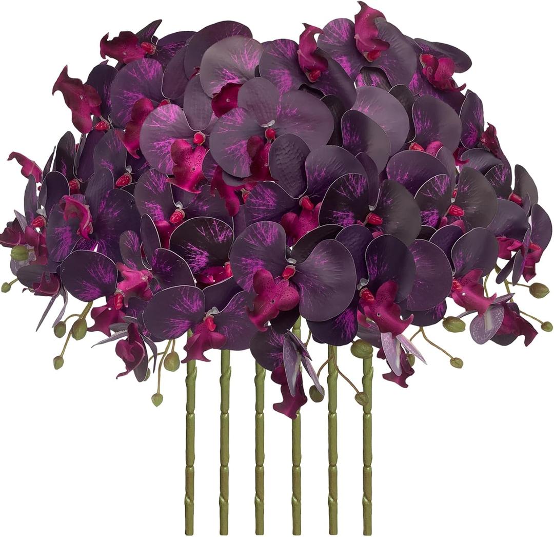 FagusHome 32 Inch Artificial Phalaenopsis Flowers 6 Pcs Artificial Orchid Flowers Stem Plants for Home Dcor (Dark Purple)