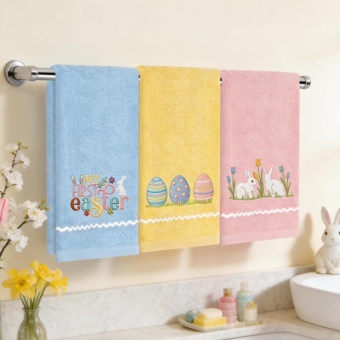 JarThenaAMCS 3 Pcs Easter Hand Towels Embroidered Egg Rabbit Bunny Decorative Floral Absorbent Spring Bath Kitchen Towel for Hand Drying Baking Cooking, 29.5 x 13.7 Inch