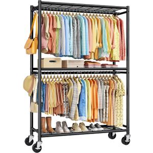 Sakugi Clothes Rack - Double Hanging Rod Clothing Rack with Wheels & Leveling Feet, Large Capacity Wardrobe Closet with Shelves for Bedroom, Laundry Room, Entryway, 45.2" x 12.6" x 80.7", Black