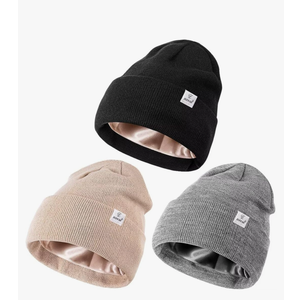 3 Pack Satin Lined Winter Beanie Hats for Women Men,Silk Lined Womens Beanies Knit Soft Warm Cuffed Hat