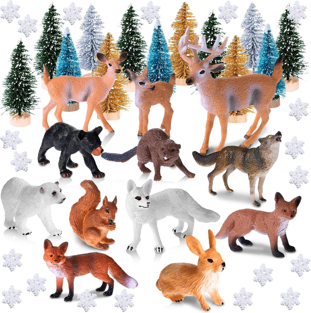 46 Pcs Christmas Woodland Animal Figurine Winter Forest Creature Figure Wild Animal Toys Mini Bottle Brush Tree Miniature Sisal Pine Tree Snowflakes for Crafts Cake Topper for Xmas Party Decor