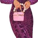 FYEARFOX Women's Leopard Print Night Club Bodycon Midi Dress Velvet Turtleneck Vintage Cocktail Party Sheath Dress (Large, Purple)