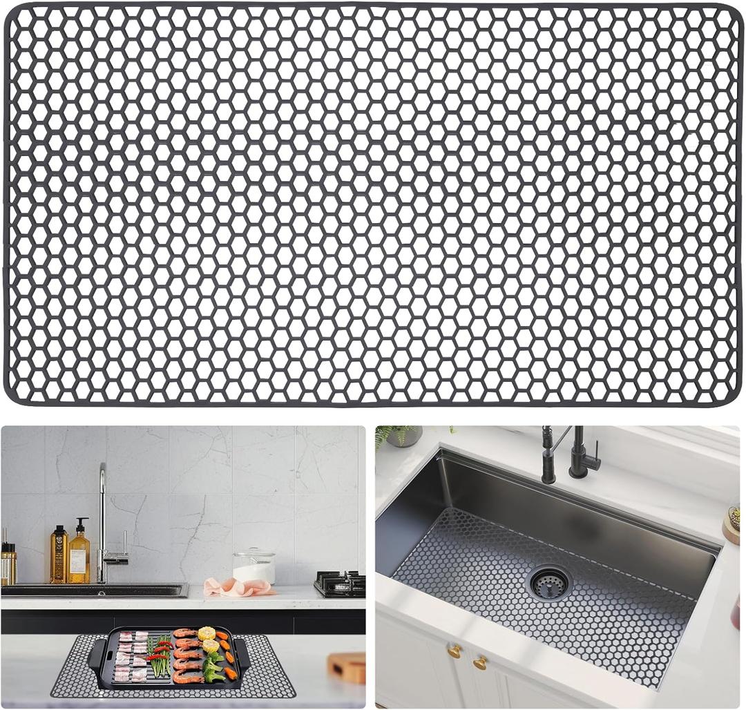 Sink Protectors for Kitchen Sink - Grey 28.34" x 15.74" Silicone Sink Mat - Can DIY Drain Holes - Non-slip Heat Resistant Liner for Bottom of Farmhouse Porcelain Stainless Steel