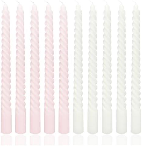 10 Inch White and Pink Spiral Taper Candle Set, 10 Pack Unscented Dripless Candlesticks for Dinner Baby Shower Party Brithday Wedding and Home Decoration