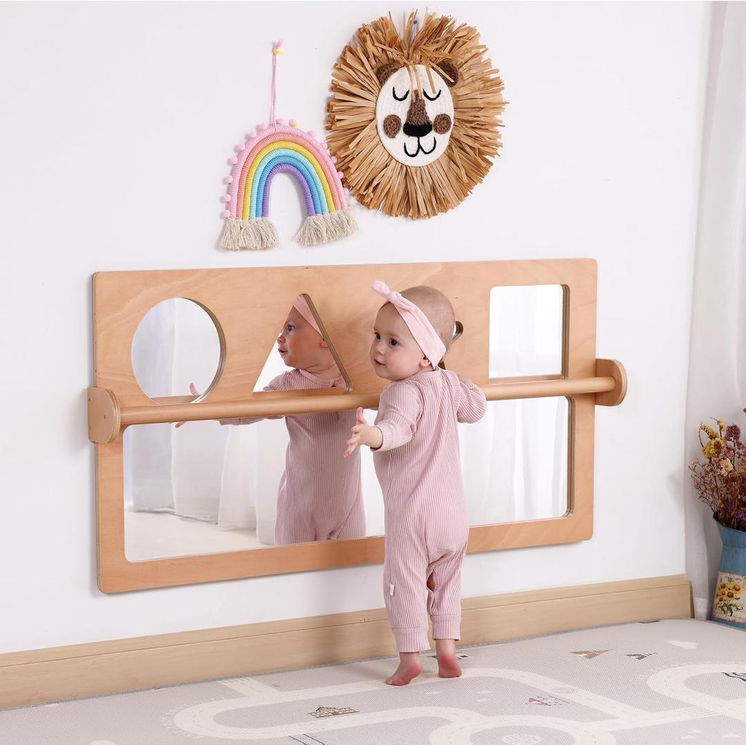Baby Early Learning Shatter-Resistant Safety Mirrors w/Pull Up Bar, Infants Exploration Set, Toddlers Montessori Classroom Furniture for Daycare, Preschool and Nursery (Natural, Standard) (22.8"L x 45.6"W)