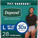 Depend Fresh Protection Adult Diapers, Incontinence Underwear for Men, Disposable, Maximum, Large, Grey, 28 Count, Size L