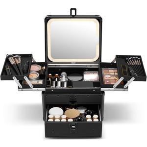 Qislee Makeup Box with Drawer and Four Trays, A Detachable Lighted Mirror, Waterproof Travel Train Case, Cosmetic Organizer and Makeup Suitcase with Magnetic LED Mirror(Black)