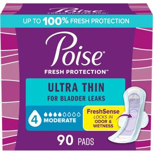 Poise Ultra Thin Incontinence & Postpartum Pads with Wings for Bladder Leaks, 4 Drop Moderate Absorbency, Regular Length, 90 Coun