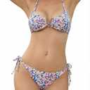 Women V Neck Halter Triangle Bikini Set 2 Piece Tie Side Bottom Floral XL (White, XL)