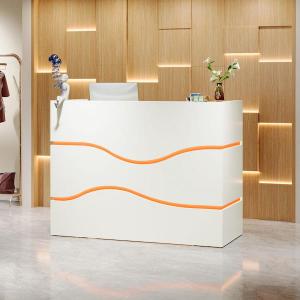 Tribesigns 55.12 in. White Wood Reception Desk 7-Color LED Lights Modern Front Desk Counter Checkout Counter Lobby Retail