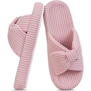 BUNYISCN Slippers for Women Memory Foam Women's Orthopedic Arch Support Open Toe House Bedroom Corduroy Bow Crossbands Slide House Slippers, Pink US 11-12