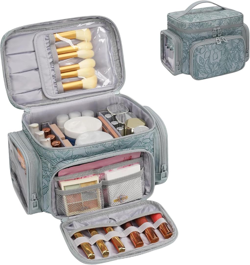 Large Makeup Bag, Portable Travel Makeup Bag Organizer for Women Girls with Makeup Brush Compartment & Two Side Pockets, Cosmetic Travel Bag Vertical Storage Toiletry - Floral Blue (MEDIUM, Dark Blue)