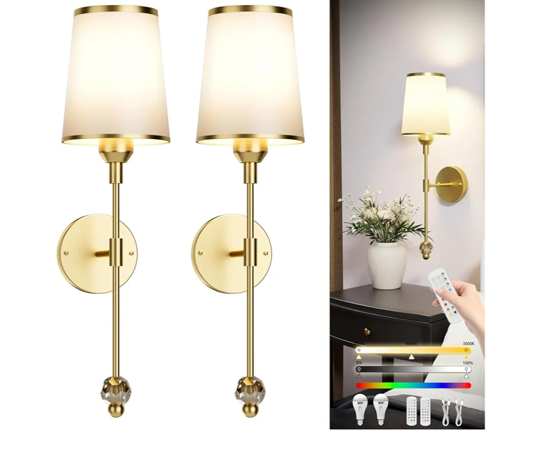 PAIHOME Gold Wall Sconces Set of Two, Wireless Battery Operated Wall Sconces with 5000mAh Dimmable 15 Colors Bulb and Remote, Rechargeable Wall Sconce for Bedroom Living Room Bathroom Hallway