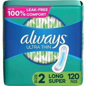 Always Ultra Thin Feminine Pads without Wings for Women, Size 2, Long Super Absorbency, Unscented, 40 Count x 3 Pack (120 Count total) (Packaging May Vary)
