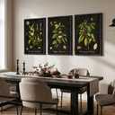 Large Vintage Framed Botanical Wall Art for Living Room, 3 Piece Dark Green Plant Canvas Paintings Prints, Retro Coffee Botanical Leaf Pictures for Dining Room Coffee Bar Kitchen Wall Decor, 24x36 In