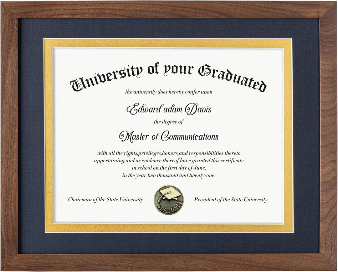 Fun Memories Walnut Wood 11x14 Diploma Frame, 100% Solid Walnut Wood Certificate Picture Frame with High Definition Glass, Document Frame for Wall and Tabletop, Blue Mat