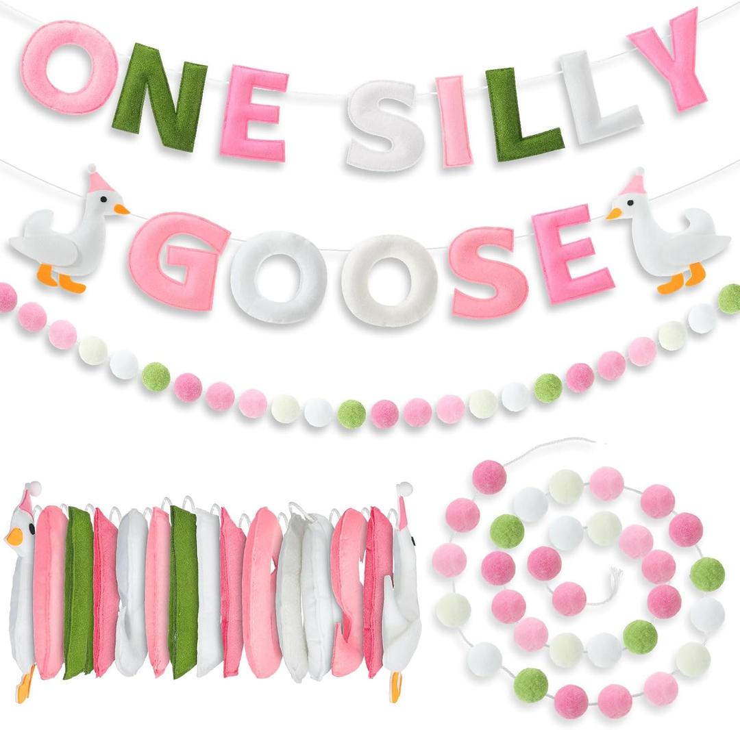 Oudain 2 Pcs 118 Inch Pre-strung Felt One Silly Goose Birthday Decor Boy Girl Fabric Letters Banner and Felt Ball Garland Wall Pink Decorations Reusable 3D Baby Shower Party Decorations