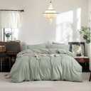 Cover Set 100% Washed Cotton Linen Feel Super Soft Breathable Cozy 3 Pieces Bedding Sets Solid Sage Green Queen