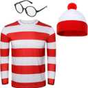 Adult Men Red and White Striped Tee Shirt Glasses Hat Outfit Suit Set Halloween Cosplay Costume Party Props (X-Small)