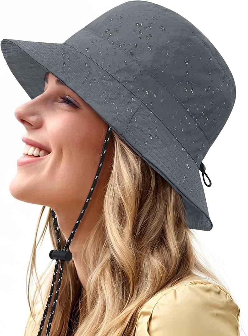 Waterproof Bucket Hat for Women Men Rain Hat Wide Brim Packable Sun Hat UV Protection Summer Beach Fishing Hiking Safari Hat (One Size, Grey)