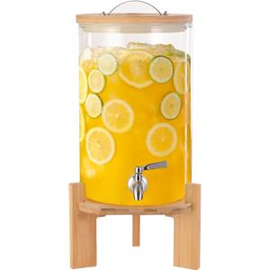 Glass Drink Dispenser, 2 gallons, With faucet wood stand Easy flow control, great for parties, bars & restaurants Large Glass Cold Beverage Dispensers.(2 gallon)