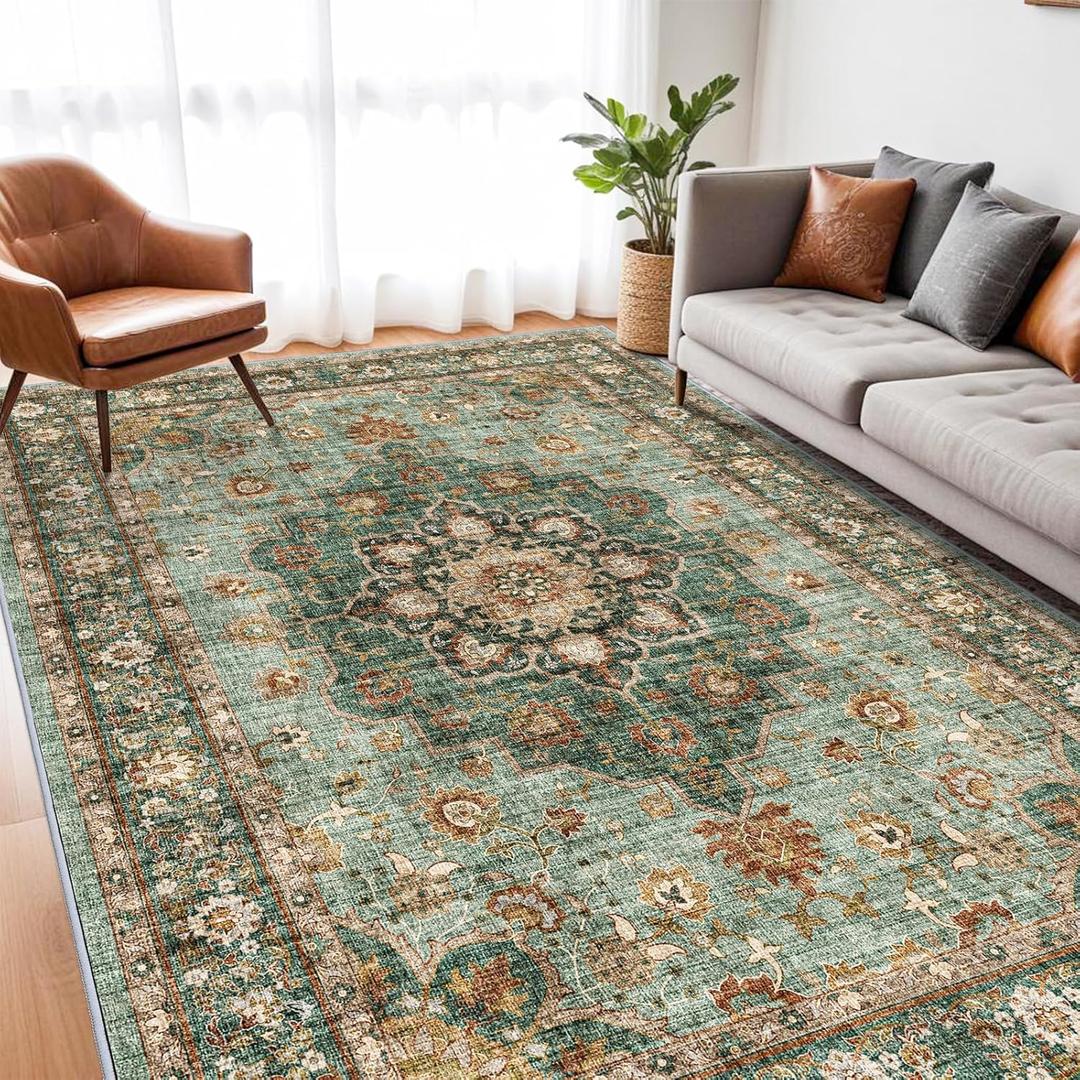 Washable Oriental Area Rug - 7x9 Rugs for Living Room Soft Carpet for Bedroom Waterproof Floral Distressed Indoor Stain Resistant Non-Shedding Floor Carpets (Green, 7x9)