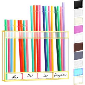 Acrylic Straw Holder for Cabinet Door with Double Sided Adhesive Tape Reusable Straw Organizer Tumbler Storage Kitchen Accessories Container for Counter Cupboard(Gold Trim,Large,Clear)