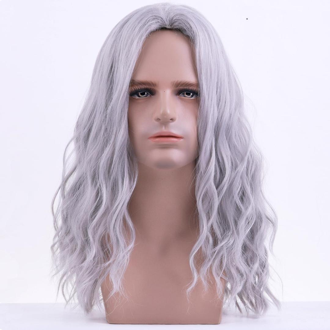 BERON Men's Silver Grey Long Wigs With Halloween Cosplay Costume Party Wig Curly Middle Part Hair Wigs