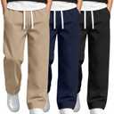 Oakgarden 3 Pack Boys' School Uniform Pants Cotton Straight Leg Trousers Casual Drawstring Pants with Pockets (8-9 Years,Light Khaki, Navy Blue, Black)