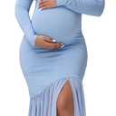 Maternity Long Sleeve Off Shoulder Baby Shower Dress Party Mesh Paneled Split Maxi Photography Gown for Photoshoot (Blue, M)