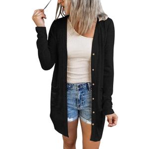 MEROKEETY Women's Open Front Lightweight Cardigan Long Sleeve Button Down Loose Outwear with Pockets (Medium, Black) MEROKEETY Women's Open Front Lightweight Cardigan Long Sleeve Button Down Loose Outwear with Pockets (Medium, Black)