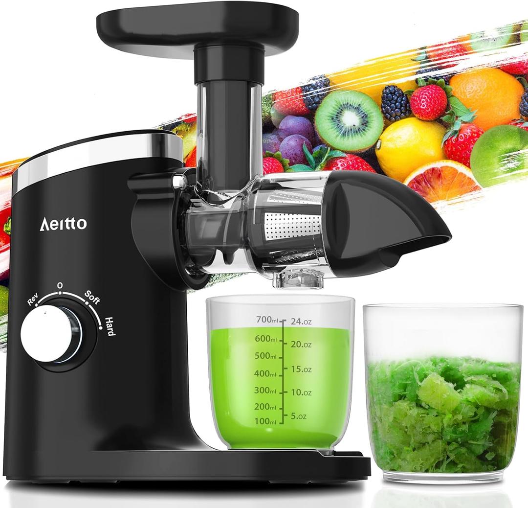 Aeitto Classic Horizontal Cold Press Juicer, Slow Masticating Juicer with Quiet Motor, High Juice Yield, Easy to Clean, Juicer Machines with Soft & Hard Modes for Fruits & Vegetables, Premium Black