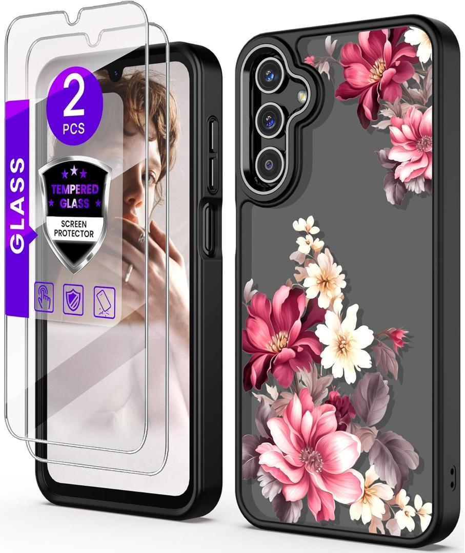 for Samsung A15 5G Case with Tempered Glass Screen Protector, Galaxy A15 5G [Military Grade Protective] Slim Soft TPU & Hard PC, Girls Women Crystal Clear Flower Pattern Cases-Black (Golden Shield Flower Series-Black)