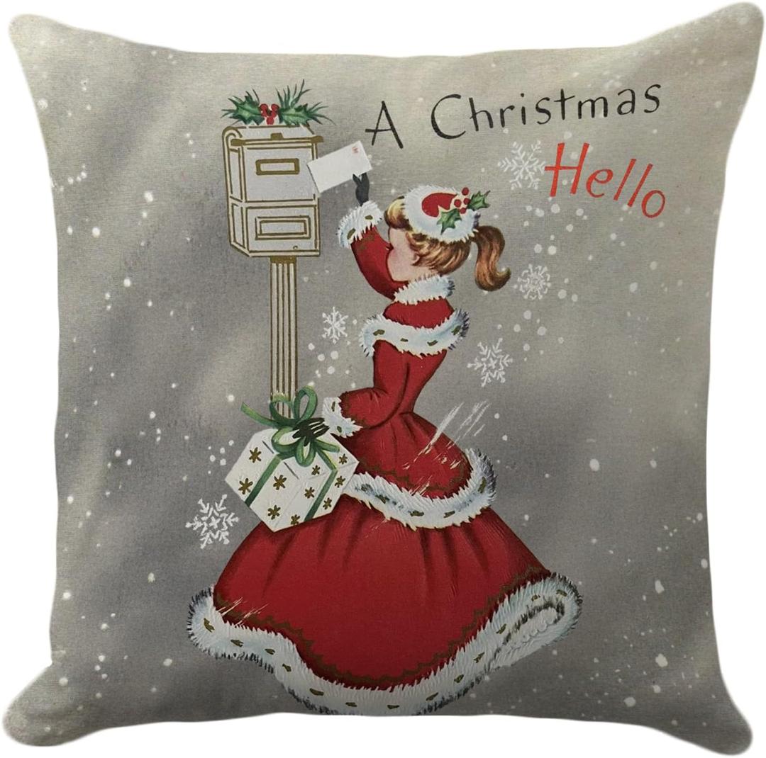 Vintage Christmas Throw Pillow Cover 18x18  Retro Girl Mailbox Holiday Cushion Case with Snowflakes and Gifts  Classic Decorative Farmhouse Accent for Couch or Living Room Decor
