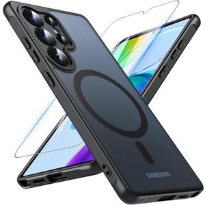 OWKEY Samsung Galaxy S25 Ultra Case 6.86'', Magnetic S25 Ultra Case for Magsafe with Tempered Glass Screen, [Shockproof Military] Translucent Back Slim Bumper Cover Phone Case Galaxy S25 Ultra, Black (Galaxy S25 Ultra 6.86 inch, Black-S25 Ultra)