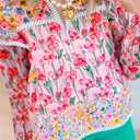 SHEWIN Women's Blouses Split V Neck Mixed Floral Print Long Sleeve Chiffon Fall Tops Striped Trim Shirts (Pink, XXL)