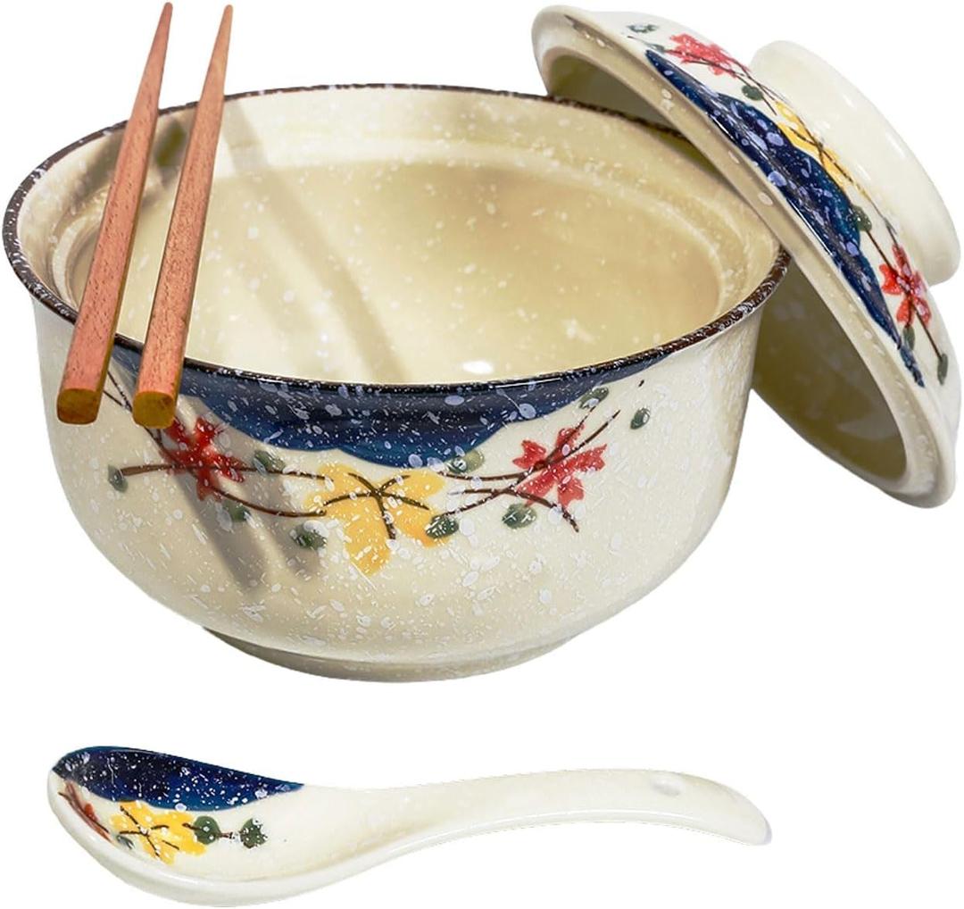 Ceramic Ramen Bowl Set, 800ml, with Lid, Spoon and Chopsticks, Japanese Vintage Large Soup Bowls Instant Noodle Bowl Asian Tableware (Color*1)
